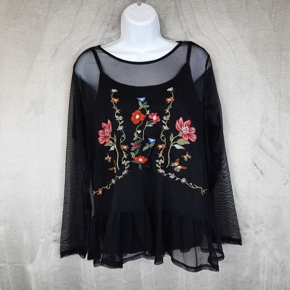 Black Mesh Top Cami Embroidered Floral Butterflies Large Whimsigoth Fairy Grunge